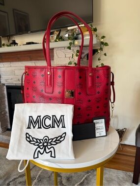 MCM Red Visetos Shopper Tote